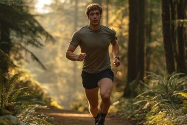 Man joggar på en skogsstig i varmt morgonljus