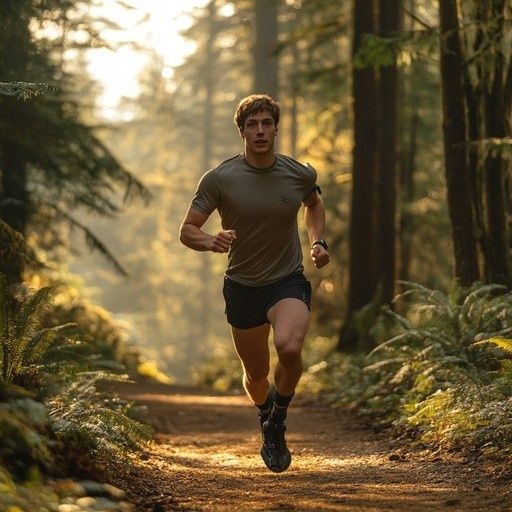 Man joggar på en skogsstig i varmt morgonljus