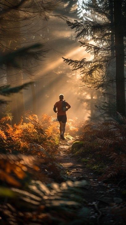 Löpare joggar lugnt på en skogsstig i varmt morgonljus